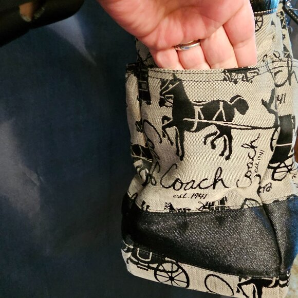 Coach black and tan fabric and shiny leather bag. - Picture 6 of 12